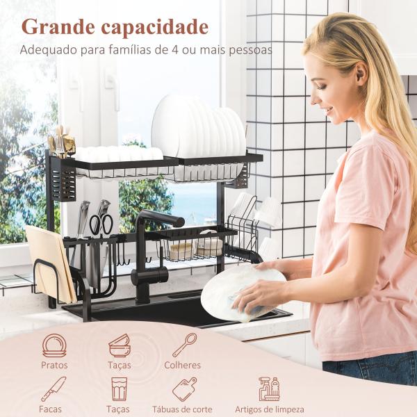 Escorredor de Louça de Aço de 2 Níveis com Suporte para Tábua Suporte para Talheres e 5 Ganchos 65x31,5x52,5cm Preto