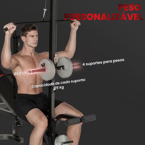 Banco de Musculação Multifuncional Inclinável Banco de Pesos com Suporte para Barra Ajustável Extensão de Pernas 106x155x202 cm Preto