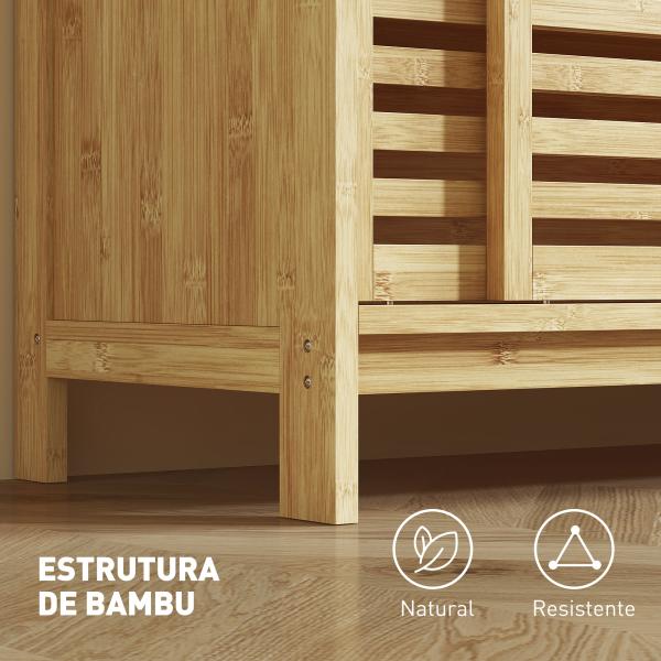 Armário de Casa de Banho em Bambu com 2 Portas de Correr Desenho com Ripas 4 Prateleiras Móvel Auxiliar de Arrumação 80x34x80 cm Madeira