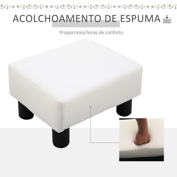 Apoio para os Pés Octomano Banco Pequeno Estofado em Pele Sintética com Assento Acolchoado e Pés de Plástico 40x30x24 cm Branco