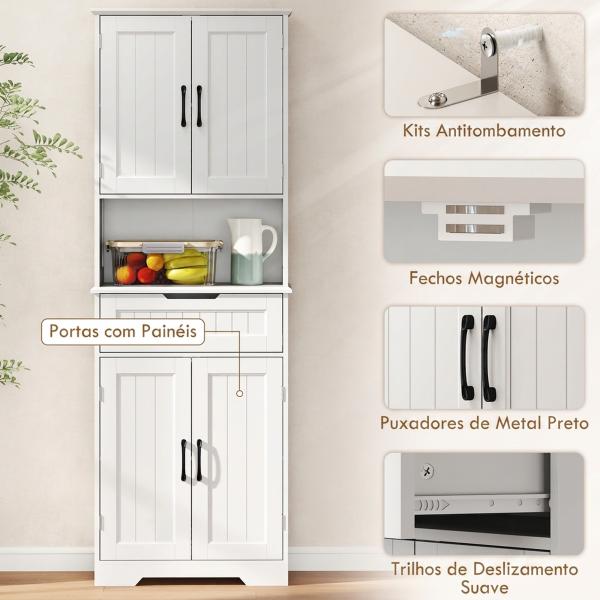 Armário Despenseiro de Cozinha 172 cm com Bancada Aberta, 4 Portas, Gaveta e 2 Prateleiras Ajustáveis, Branco