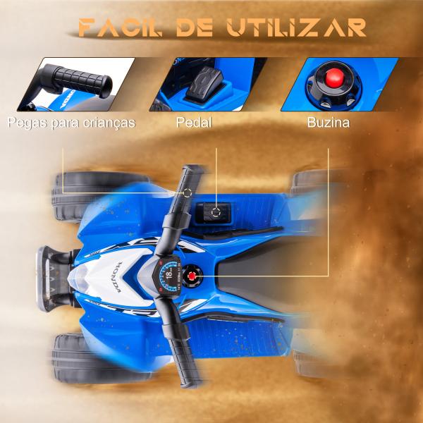 Quadriciclo Elétrico HONDA para Crianças de 18 - 36 Meses Quadriciclo Elétrico Infantil a Bateria 6V com Faróis LED Buzina Velocidade de 2,8km/h e Avance 65,5x35,5x43,5cm Azul