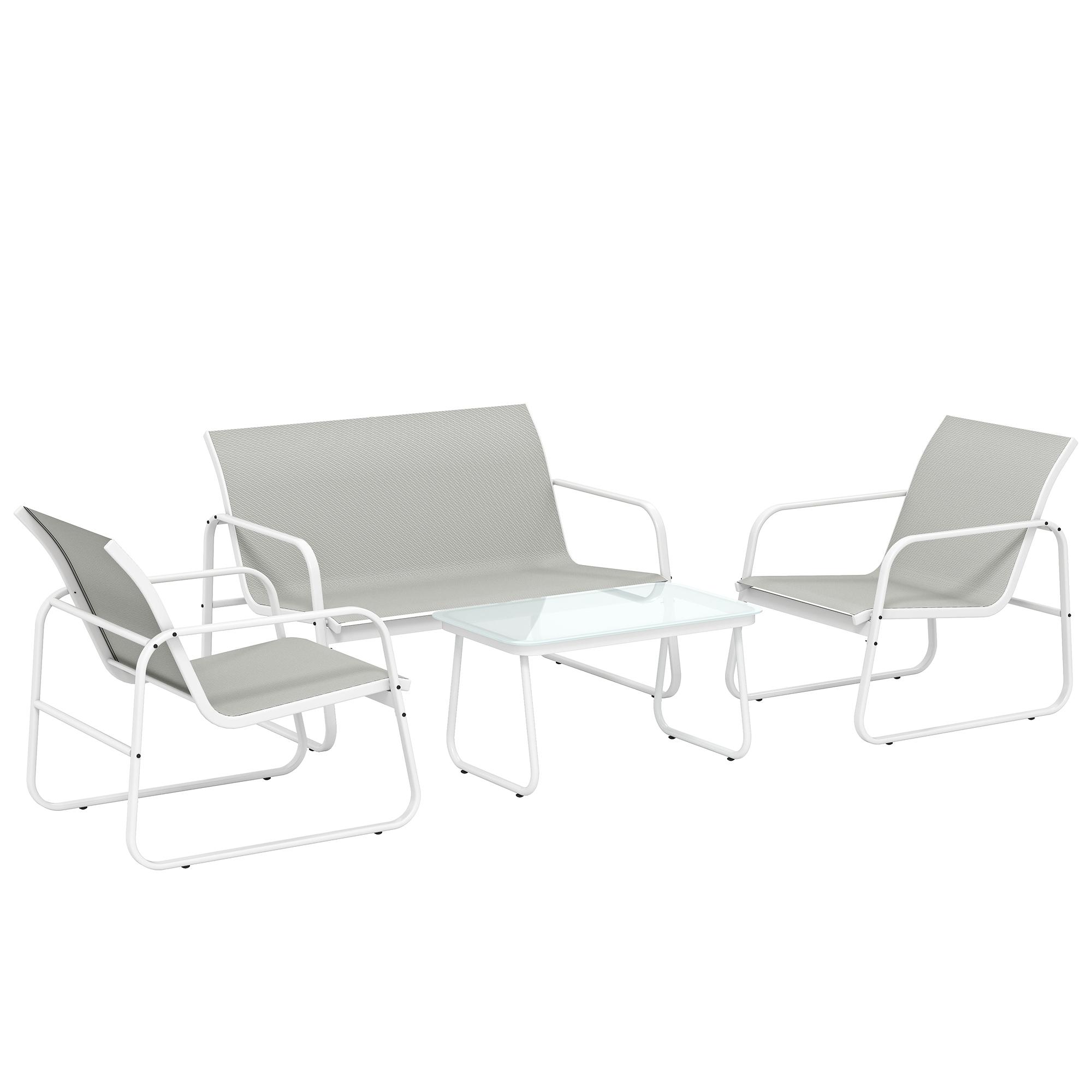 Conjunto de Jardim Exterior de 4 Peças com Sofá de 2 Lugares, 2 Poltronas e Mesa de Vidro Temperado, Tecido Textilene Cinzento Claro
