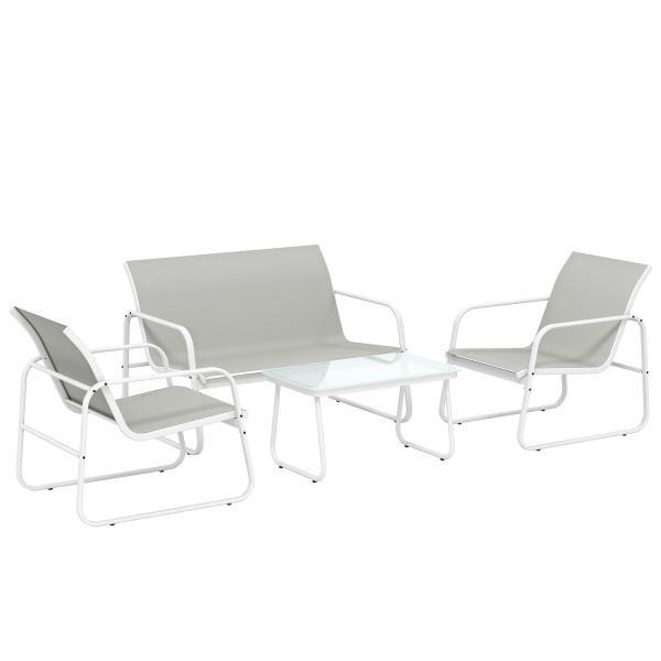 Conjunto de Jardim Exterior de 4 Peças com Sofá de 2 Lugares, 2 Poltronas e Mesa de Vidro Temperado, Tecido Textilene Cinzento Claro