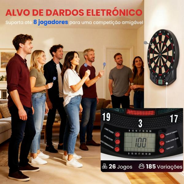 Alvo Eletrónico com 6 Dardos e 30 Pontas, Ecrã LCD, 26 Jogos e 185 Variações, para 8 Jogadores
