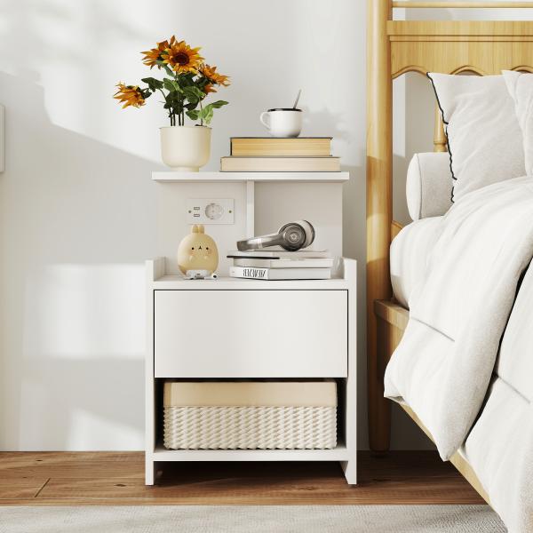 Mesa de Cabeceira com Estação de Carregamento Portos USB Gaveta e Prateleiras Abertas 40x40x60 cm Branco