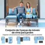 Conjunto de Jardim Exterior de Vime com Sofá de 2 Lugares, Chaise Longue e Mesa de Centro com Vidro Temperado Azul Claro