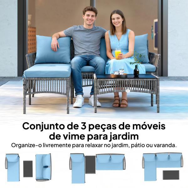 Conjunto de Jardim Exterior de Vime com Sofá de 2 Lugares, Chaise Longue e Mesa de Centro com Vidro Temperado Azul Claro
