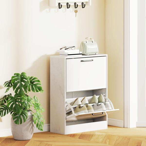 Sapateira Estreita 2 Portas de Alto Brilho com Prateleiras Ajustáveis Design Mármore para 8 Pares de Sapatos 60x24x80 cm Branco