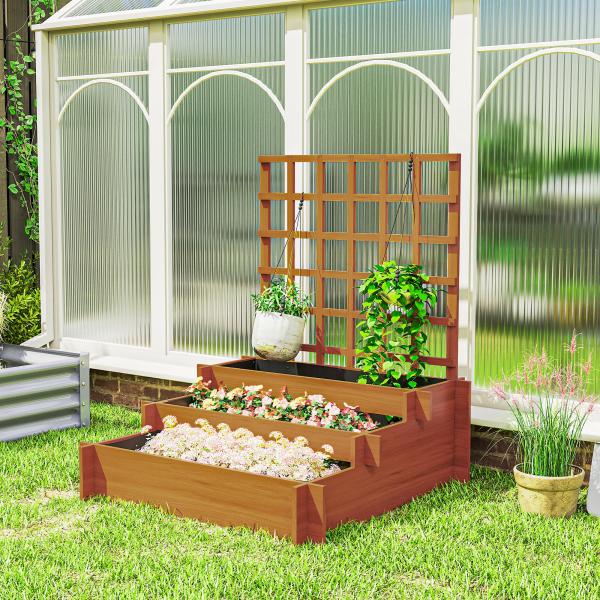 Floreira de 3 Níveis com Treliça Hortal Vertical com Tecido não Tecido para Cultivos de Verduras Flores 95x95x110 cm Castanho