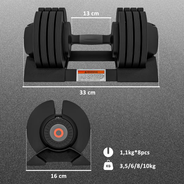 Conjunto de Pesos Ajustável de 10 kg com Ajuste Rápido de Peso com Base de Armazenamento e Pega Antiderrapante 33xØ16 cm Preto
