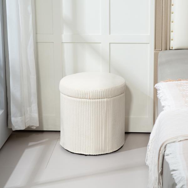 Puff de Arrumação Baú de Arrumação Redondo Estofado em Veludo Cotelê Tampa Removível Ø40x41 cm Creme