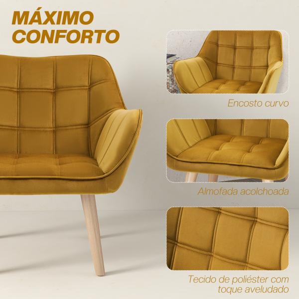 Poltrona Moderna de Sala Estofada em Veludo com Pés de Madeira para Sala de Estar Amarelo