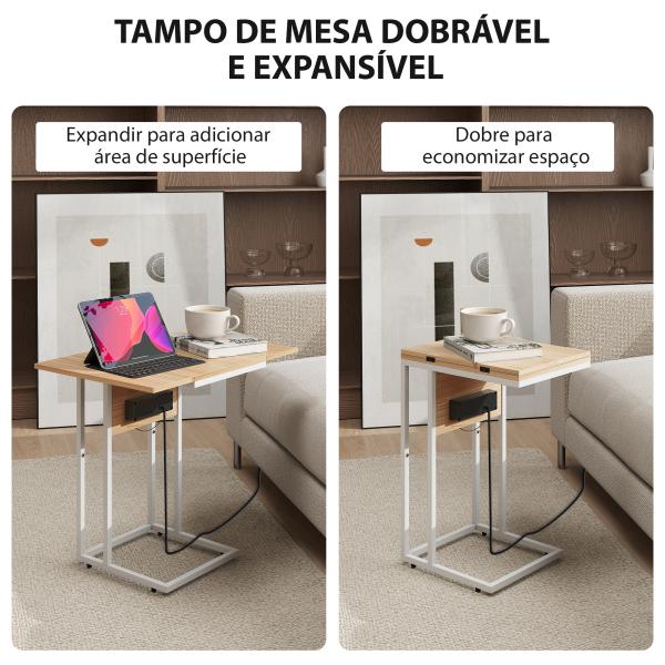 Mesa Auxiliar com Estação de Carga com Tampo Dobrável e Pés Ajustáveis 39x29x57 cm Branco e Madeira