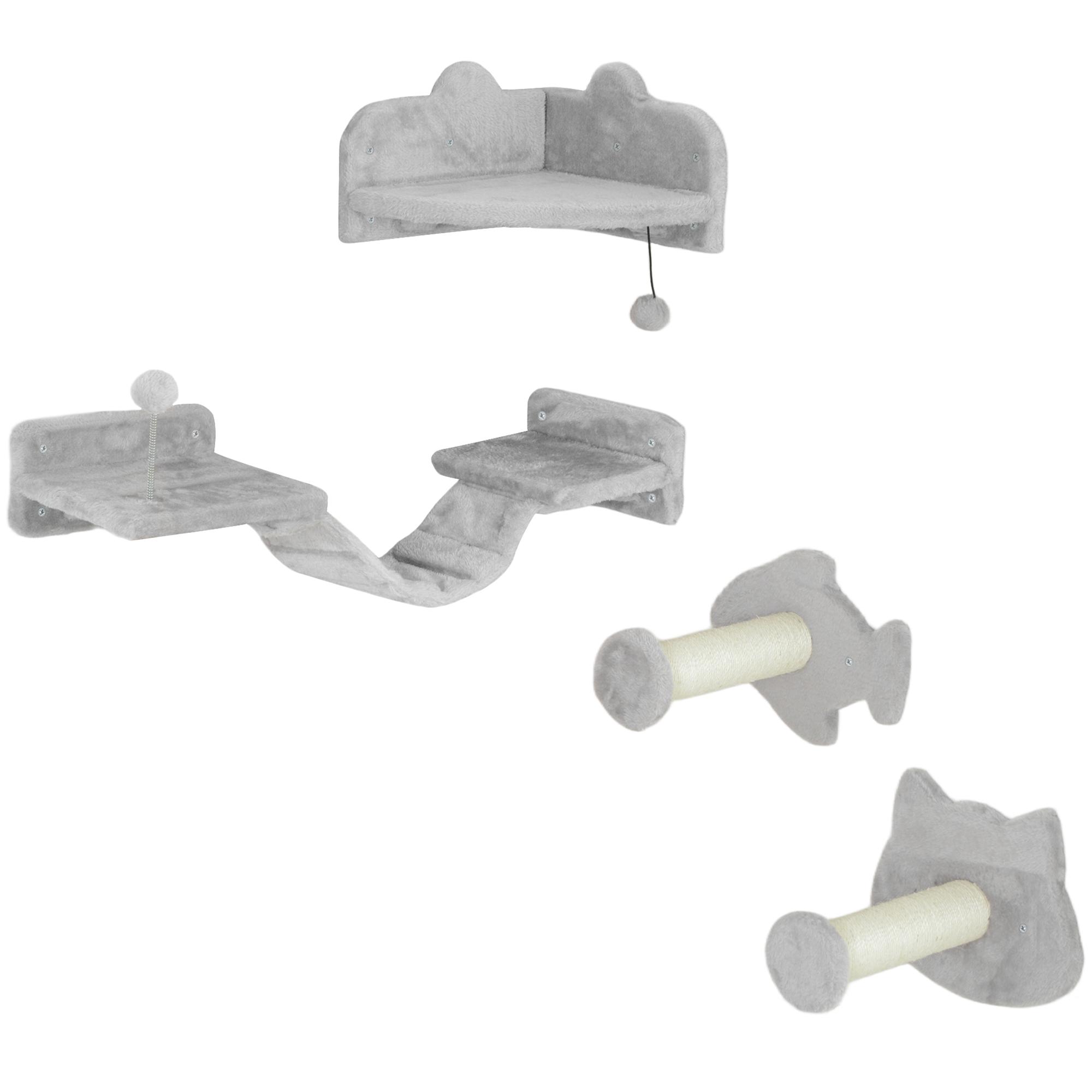 Conjunto de Prateleiras de Escalada para Gatos de 4 Peças com 2 Postes de Sisal e Plataforma para Saltar Cinzento
