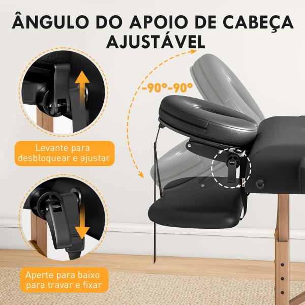 Marquesa de Massagem Dobrável Portátil com Altura Ajustável Apoio de Cabeça Apoios de Braço Acolchoados 215x60x64 - 89 cm Preto