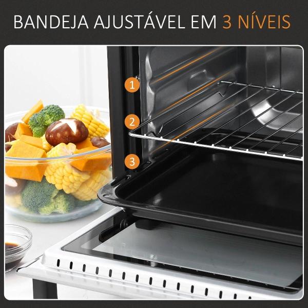 Mini Forno 16 L 1400 W com 3 Modos de Aquecimento Temperatura até 230°C Temporizador 60 Minutos Bandeja para Assar e Grade 44x32x28,1 cm Branco e Preto