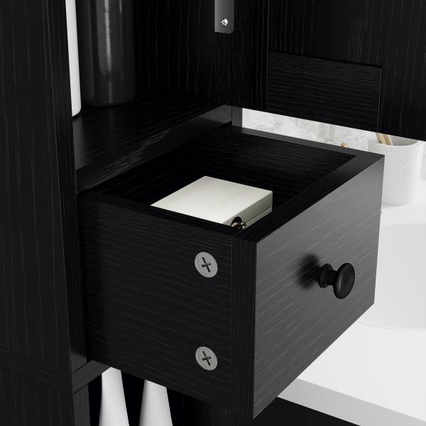 Coluna Casa de Banho com Compartimento Aberto Prateleiras Ajustáveis e Suporte para Papel Higiênico 20x20x185 cm Preto