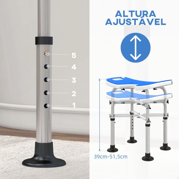 Banco de Duche para Idosos Antiderrapante com Barra de Apoio Altura Regulável e Assento em Forma de U 48,5x33x39 - 51,5 cm Azul