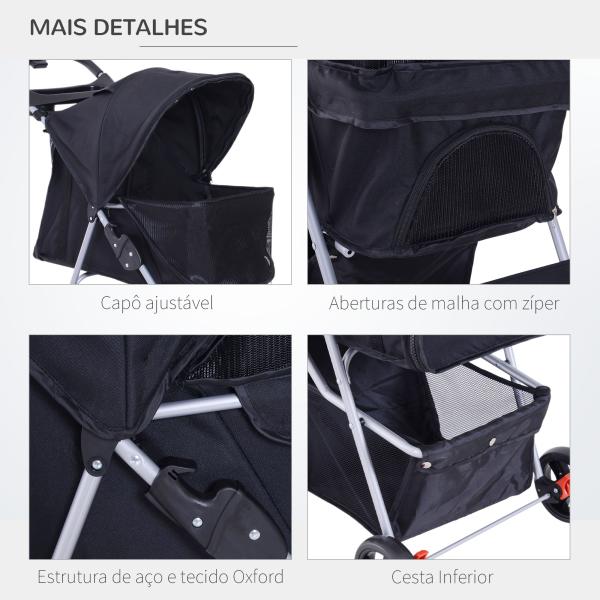 Carrinho para Animais de Estimação Dobrável para Cães com Capô Ajustável Cesta de Armazenamento e Rodas com Freio Tecido Oxford Estrutura de Aço 74x46x94cm Preto