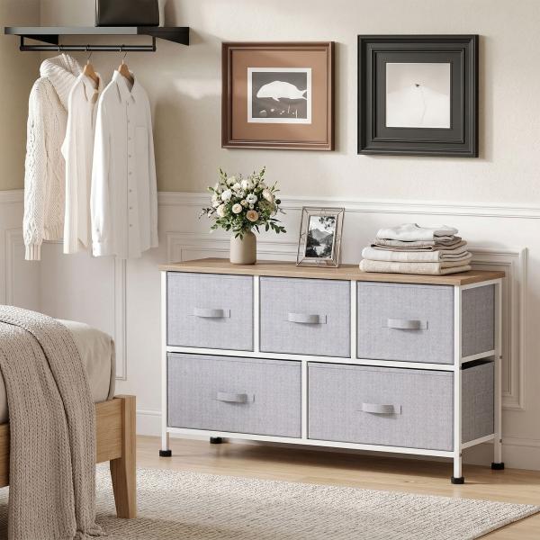 Cómoda com 5 Gavetas de Tecido Cómoda para Quarto Estrutura Metálica 100x30x54 cm Cinzento