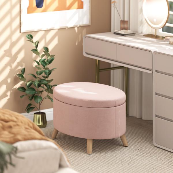 Puff Estofado em Veludo Acolchoado Banco de Armazenamento com Tampa Removível e Pés de Madeira 71x51,5x42 cm Rosa