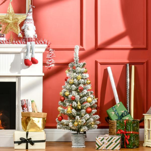 Árvore de Natal Pequena Artificial Ø40x90cm com Luzes LED 116 Ramas Vaso Desmontável e Suporte de Metal Decoração de Natal para Interior Verde e Branco