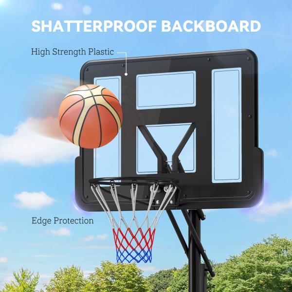 Tabela de Basquetebol de Exterior com Altura Ajustável Suporte Rodas Base Recarregável e Bolsa de Peso 90x60x305 cm Preto