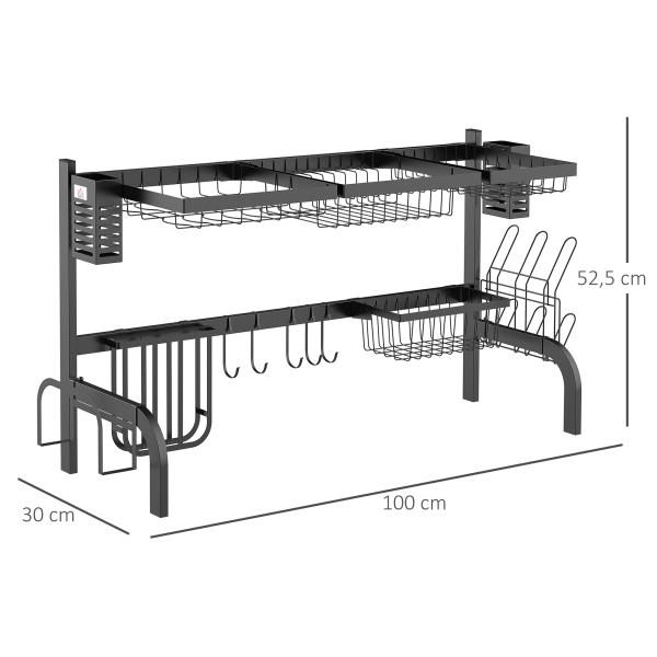 Escorredor de Louça de Aço de 2 Níveis com Prateleira para Pratos Suporte para Facas e Talheres 100x30x52,5cm Preto