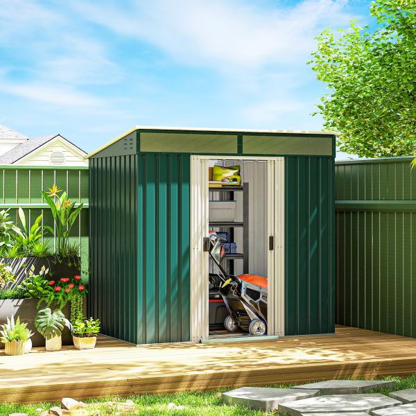 Abrigo de Jardim 2 m² 195x122x181,5 cm Abrigo de Armazenamento Metálico com Porta de Correr e 2 Janelas Verde