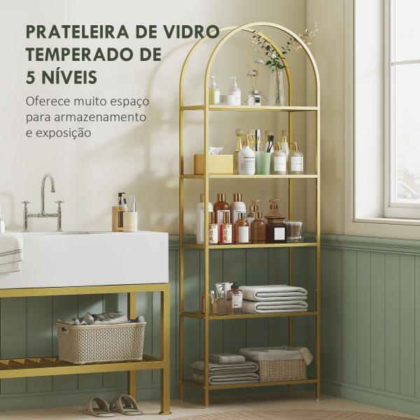 Estante de Vidro de 5 Níveis Estante de Arrumação Estrutura Arqueada Estante Estreita 60x30x175 cm Dourado