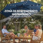 Chapéu de Sol Excêntrico com Luzes LED Solares Ø345 cm Base Cruzada Manivela Capa Protetora Azul