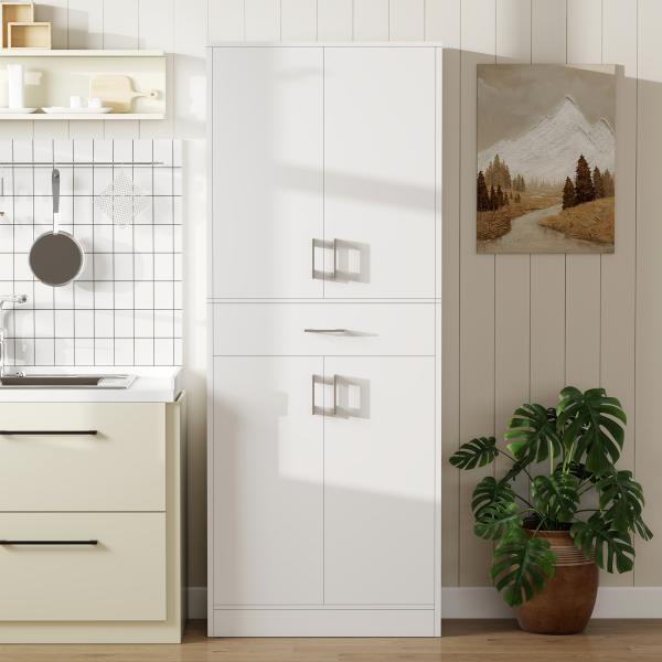 Armário de Cozinha com 4 Portas 1 Gaveta e Prateleiras Ajustáveis Anti - Tombo Armário de Cozinha Moderno 70,8x34x180 cm Branco