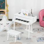 Piano de Cauda Infantil com 30 Teclas Banco Suporte de Partituras Piano para Crianças de MDF Instrumento Musical Educativo 52x50x49cm Branco
