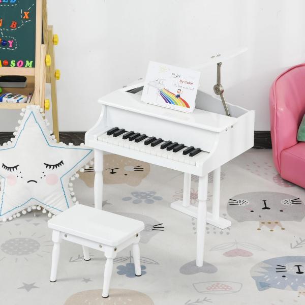 Piano de Cauda Infantil com 30 Teclas Banco Suporte de Partituras Piano para Crianças de MDF Instrumento Musical Educativo 52x50x49cm Branco
