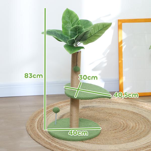 Árvore Arranhadora para Gatos 83 cm com Folhas Artificiais, Poste em Juta, Plataformas em Pelúcia e 2 Brinquedos, Verde
