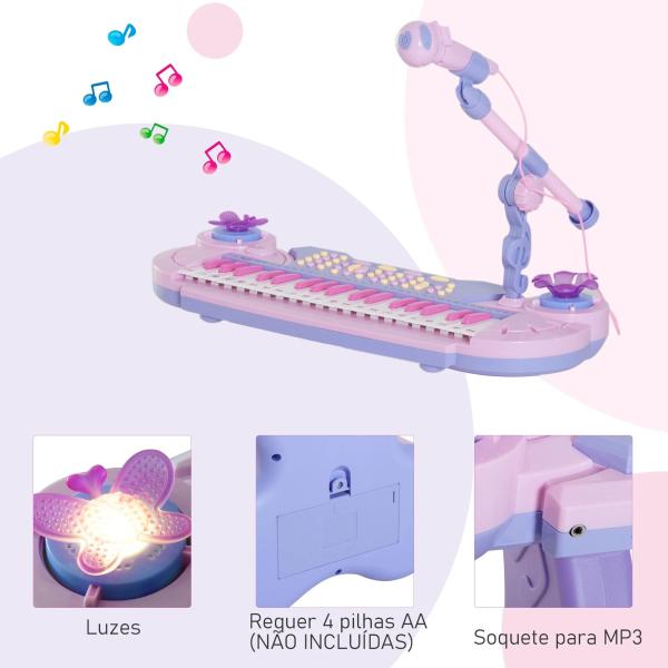 Piano Infantil 37 Teclas Teclado Eletrônico Brinquedo Educacional para Crianças + 3 Anos com Microfone Banco de Luzes e 22 Canções USB/MP3 Karaokê Rosa