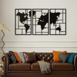 Decoração de Parede em Metal com Mapa Múndi Conjunto de 3 Peças Quadros de Parede Metálicos Preto