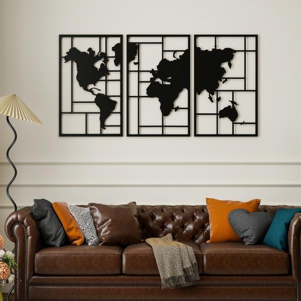 Decoração de Parede em Metal com Mapa Múndi Conjunto de 3 Peças Quadros de Parede Metálicos Preto