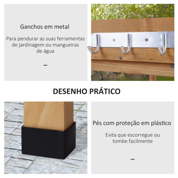 Mesa de Plantação em Madeira de 3 Níveis Mesa de Jardinagem com Placa Metálica 2 Prateleiras e Ganchos 76x37x89 cm Madeira