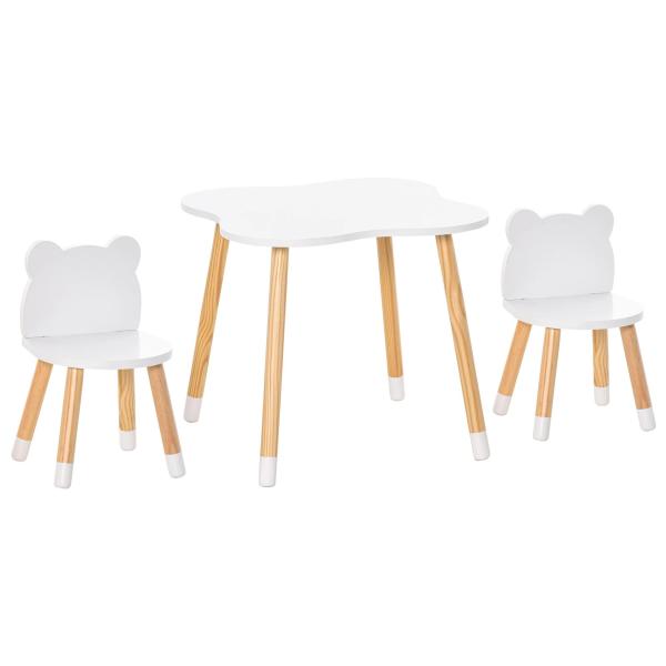 Conjunto Infantil de Mesa e 2 Cadeiras de Madeira Móveis Infantil para Sala de Jogos Dormitório de Crianças Mesa 56x56x50cm e Cadeira 28x25x46cm Branco