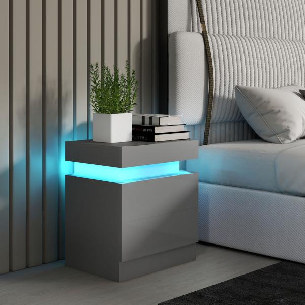 Mesa de Cabeceira com Luz LED Painel de Alto Brilho 2 Gavetas e Controlo Remoto para Dormitório 45x35x52 cm Cinzento