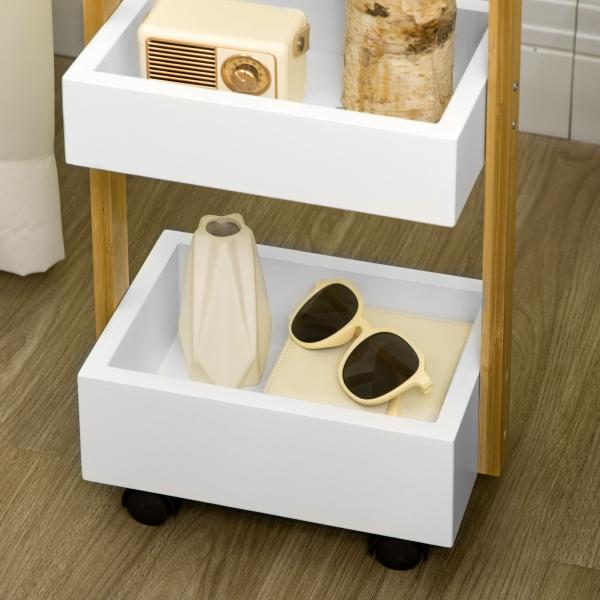 Carrinho de Casa de Banho de Bambu com Rodas e 3 Cestos de Armazenamento 28x18x75 cm Branco e Madeira