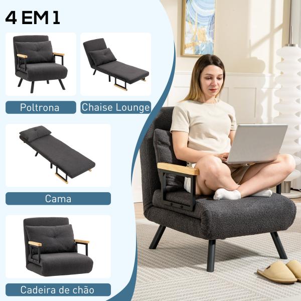 Poltrona Convertível em Cama Poltrona 3 em 1 Convertível em Cama com Encosto Ajustável em 5 Níveis 63x73x81 cm Cinza