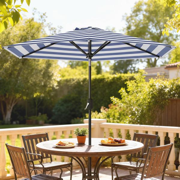 Chapéu de Sol Exterior Ø230 cm com Ângulo Ajustável e Manivela Impermeável Azul e Branco
