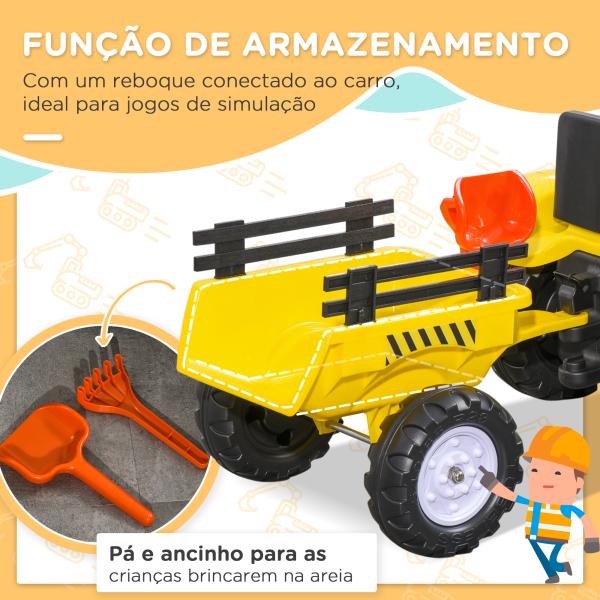 Trator a Pedais para Crianças acima de 3 Anos Trator com Reboque de Pedais para Crianças com Acessórios 133x42x51 cm Amarelo e Preto