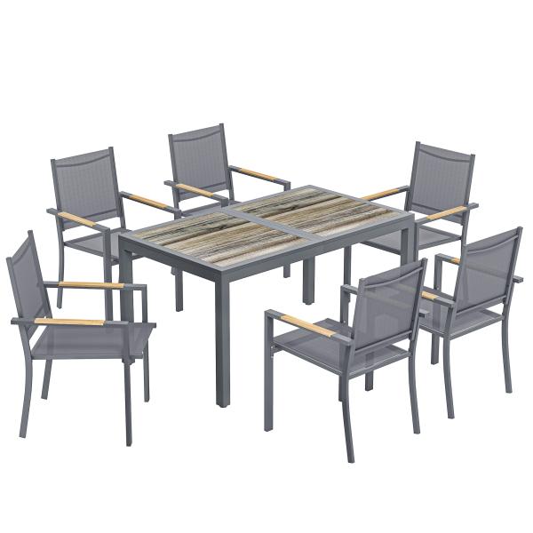 Conjunto de Mesa e Cadeiras de Jardim de 7 Peças Móveis de Jardim para Exterior com Mesa de Plástico PSPC 6 Cadeiras Empilháveis Cinza Escuro