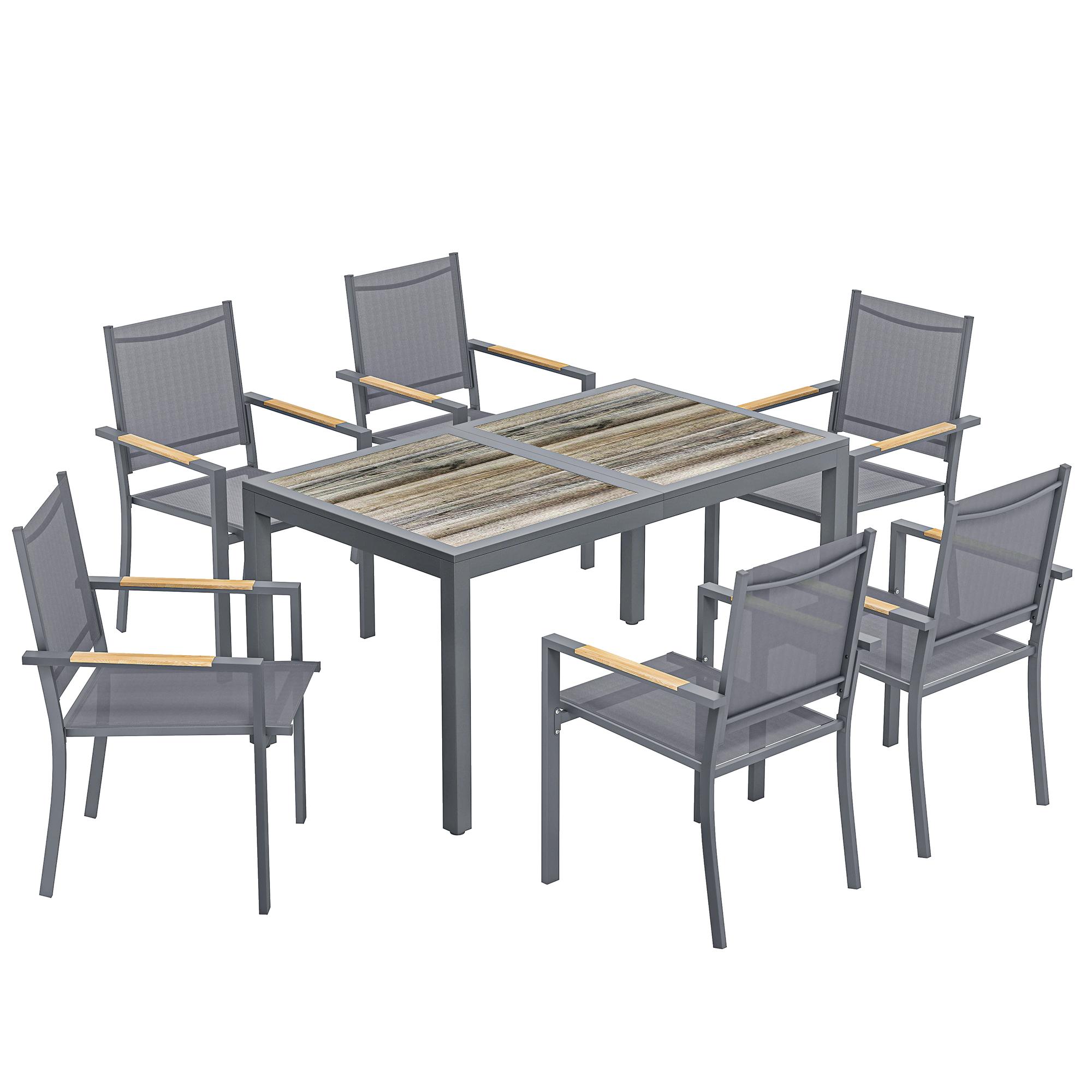 Conjunto de Mesa e Cadeiras de Jardim de 7 Peças Móveis de Jardim para Exterior com Mesa de Plástico PSPC 6 Cadeiras Empilháveis Cinza Escuro