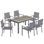 Conjunto de Mesa e Cadeiras de Jardim de 7 Peças Móveis de Jardim para Exterior com Mesa de Plástico PSPC 6 Cadeiras Empilháveis Cinza Escuro