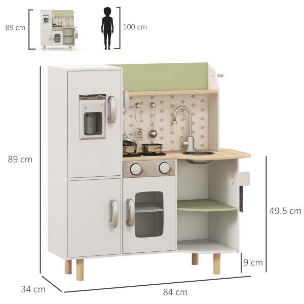 Cozinha de Madeira para Crianças com Máquina de Gelo Lavatório de Aço Inoxidável e Utensílios 84x34x89 cm Branco